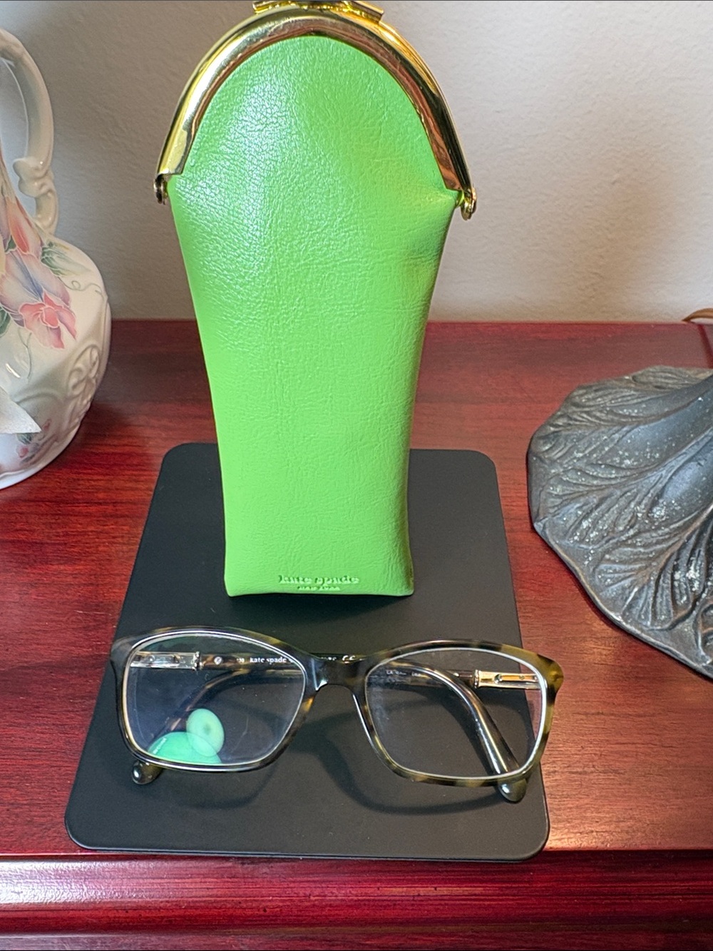 kate spade Lime Green Eyeglass Case with Tortoiseshell Glasses